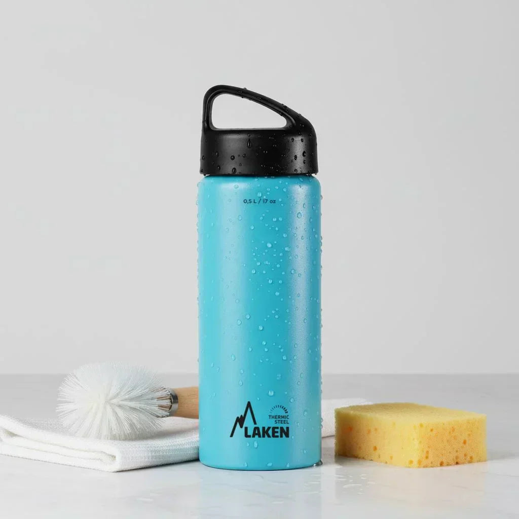 Botella LAKEN Classic térmica con una esponja, un trapo y un cepillo