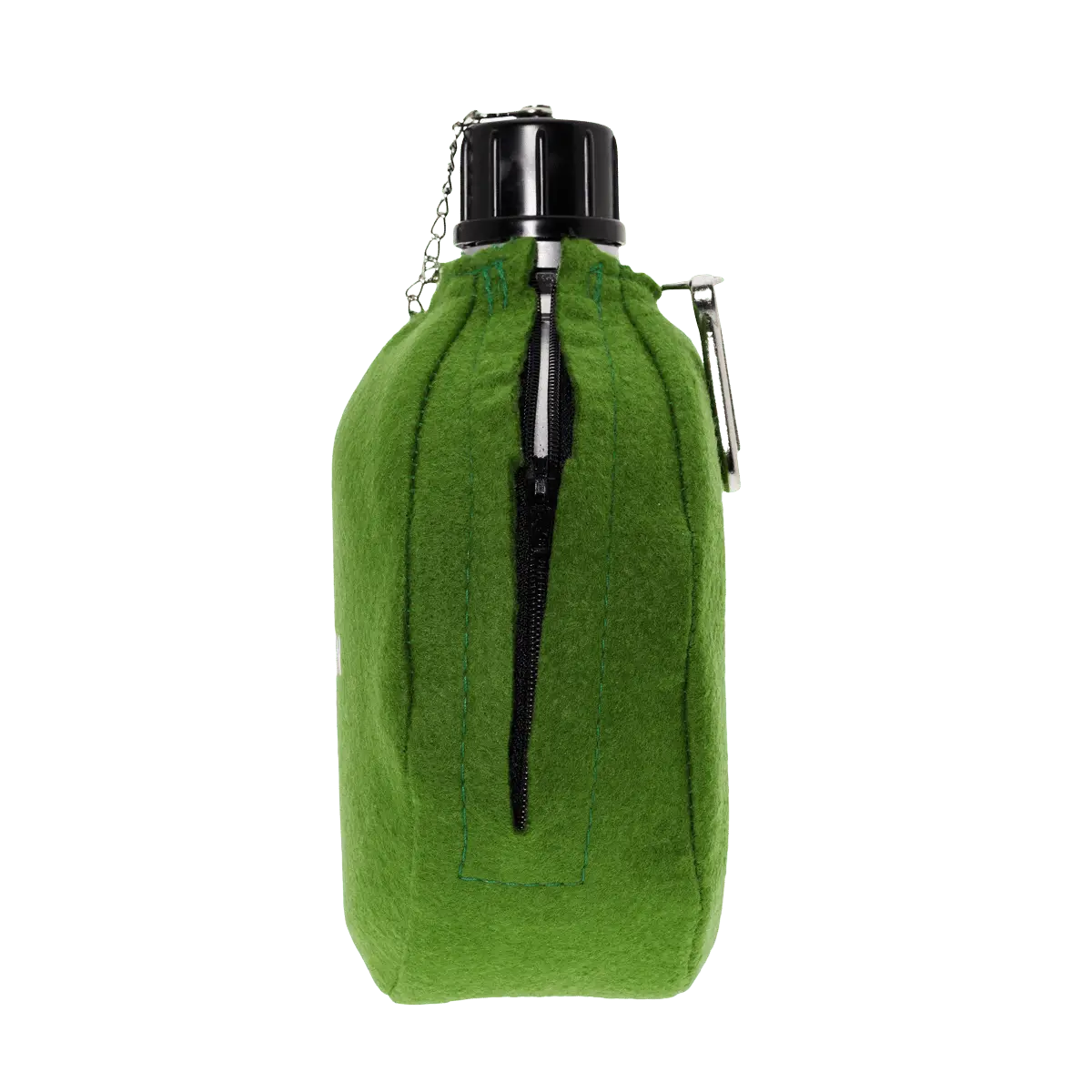 Vista lateral de la cantimplora de aluminio de 1 litro con funda de fieltro verde