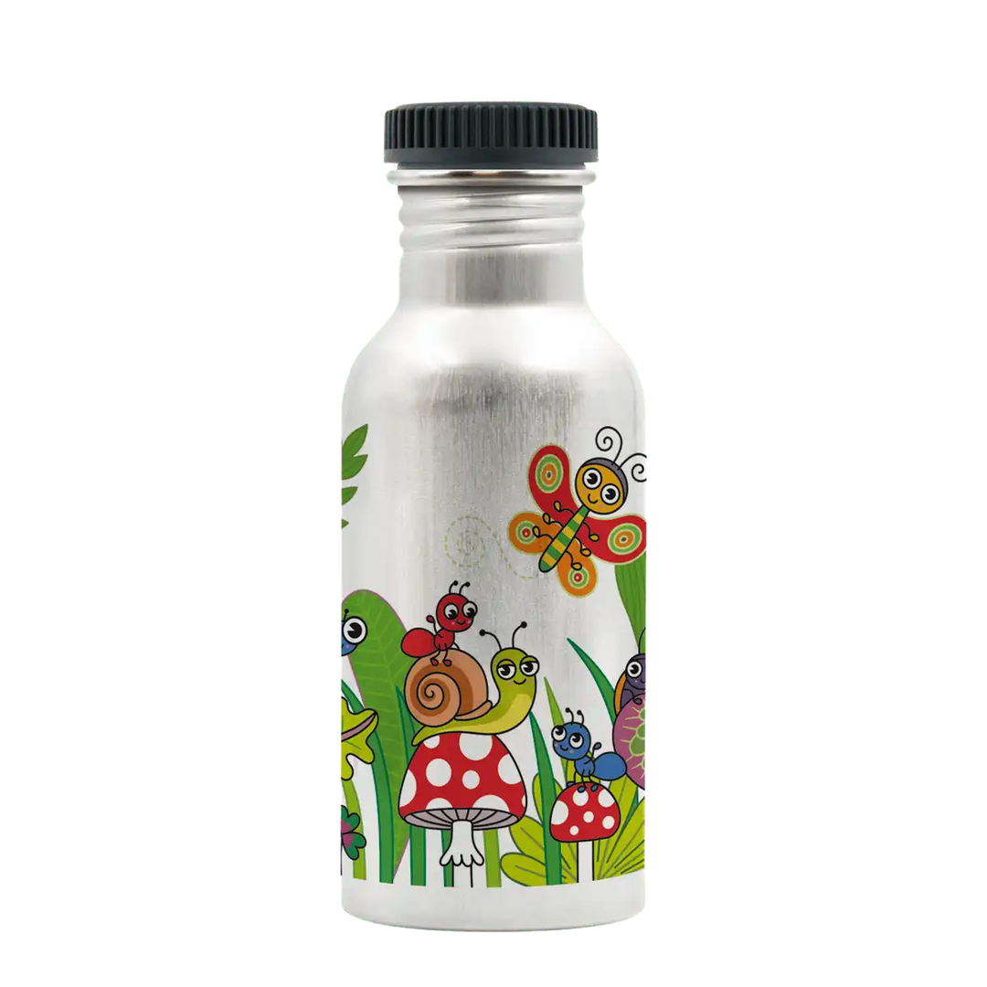 Botella de aluminio con tapón Plain con diseño de unos bichos alegres encima de setas y plantas