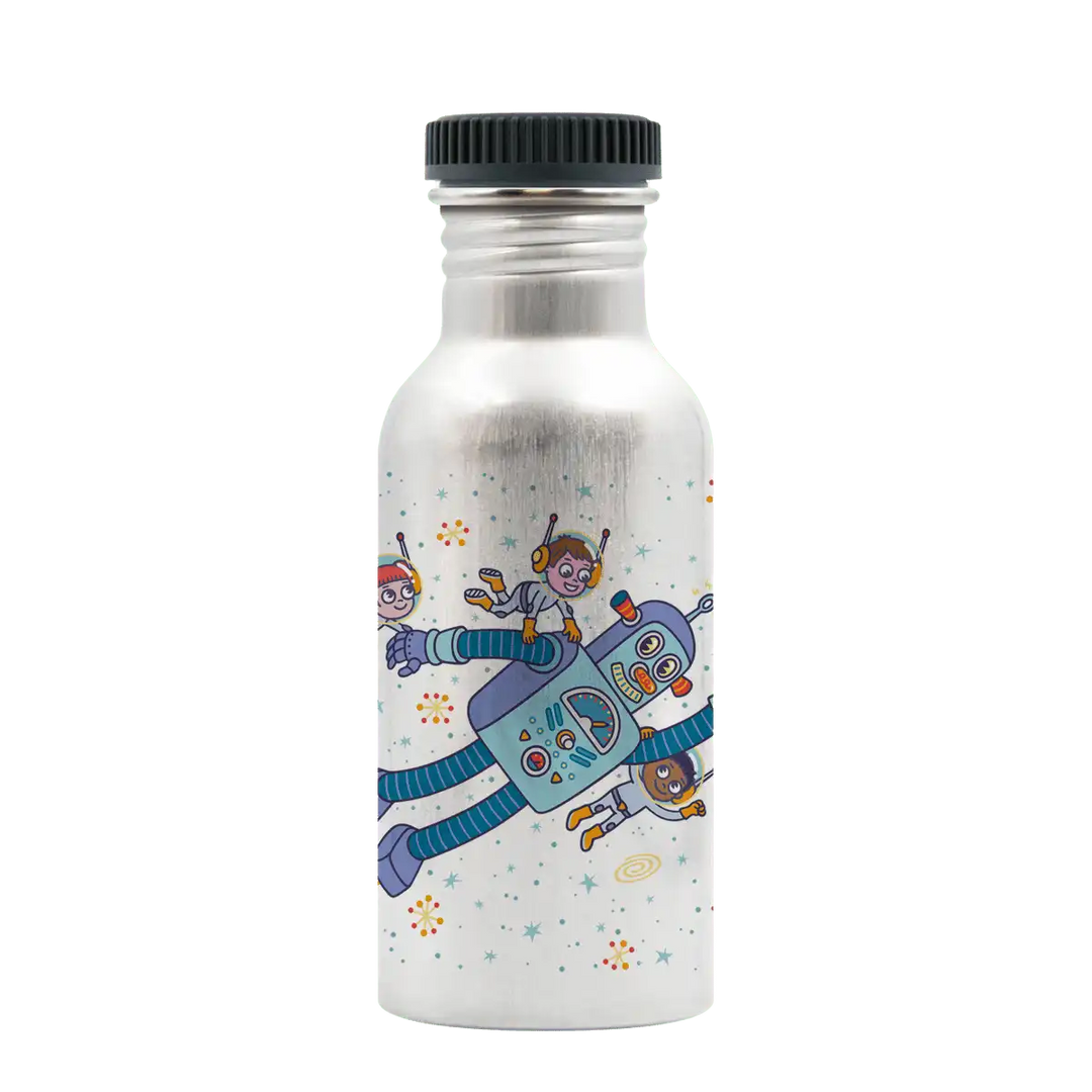 Botella de aluminio con tapón Plain con diseño de un robot rodeado de niños astronautas