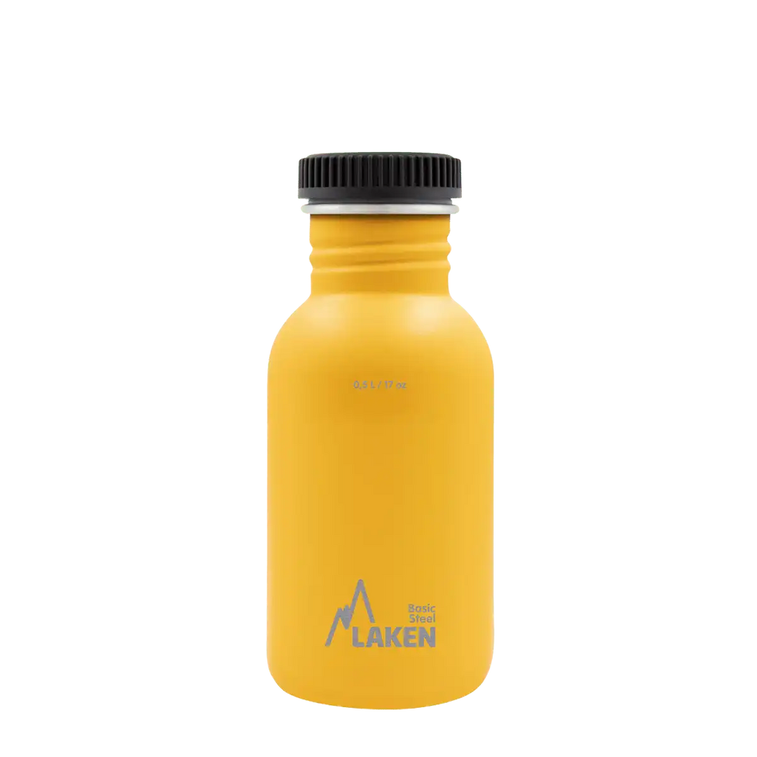 Botella de acero BASIC STEEL amarilla de 0,50 litros con tapón PLAIN de polipropileno