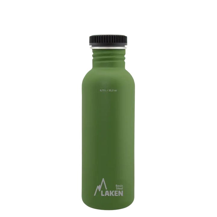 Botella de acero BASIC STEEL verde oliva de 0,75 litros con tapón PLAIN de polipropileno