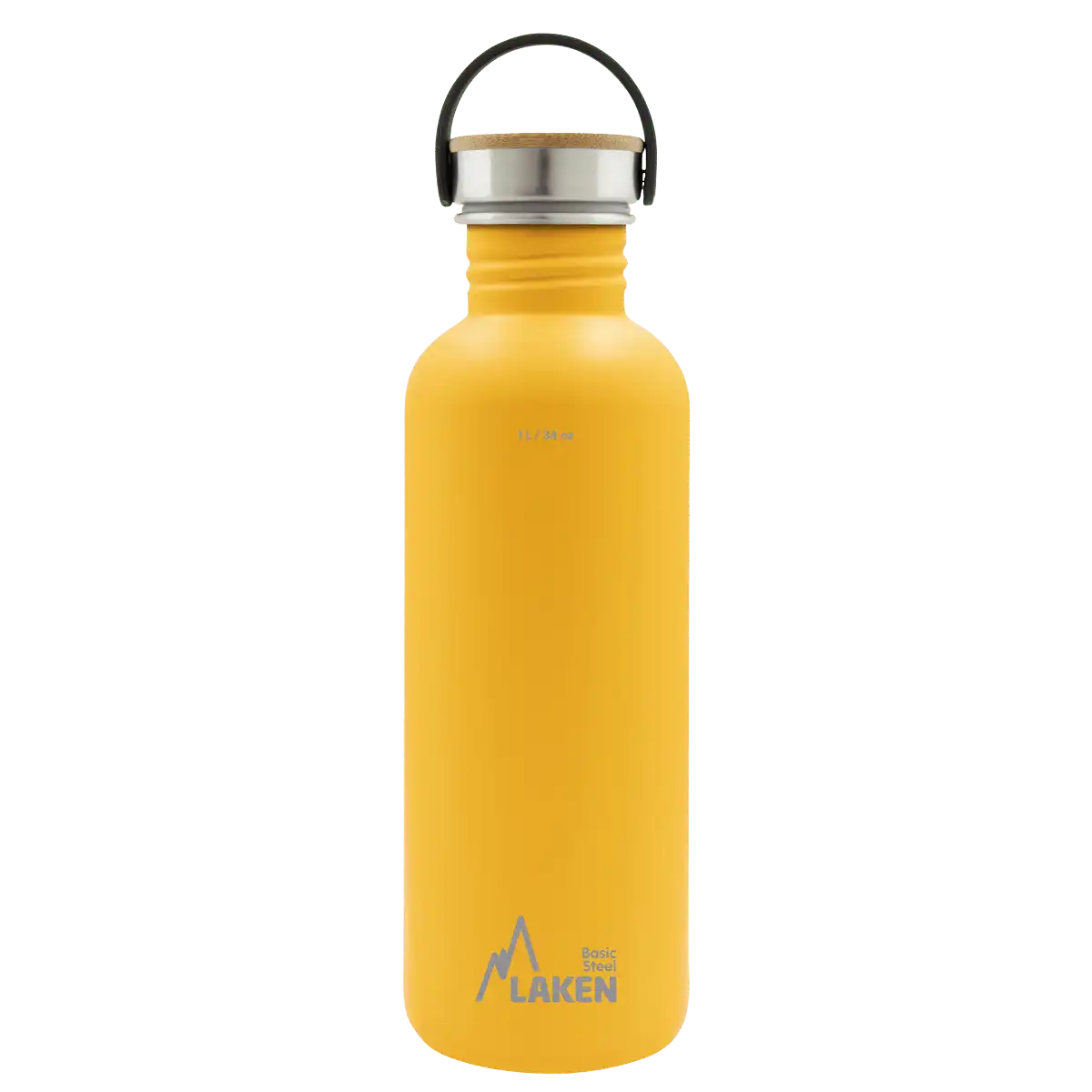 Botella de acero BASIC STEEL amarilla de 1 litro con tapón BAMBÚ