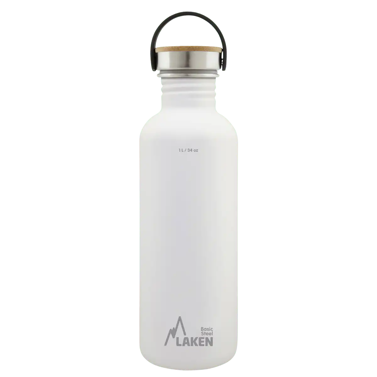 Botella de acero BASIC STEEL blanca de 1 litro con tapón BAMBÚ