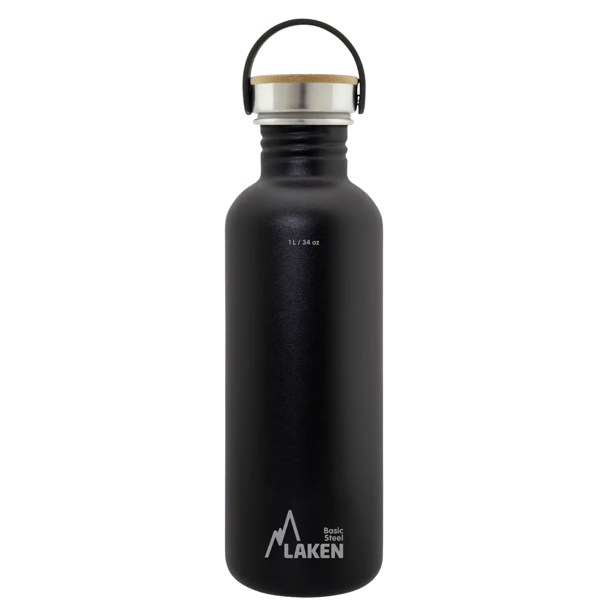 Botella de acero BASIC STEEL negra de 1 litro con tapón BAMBÚ