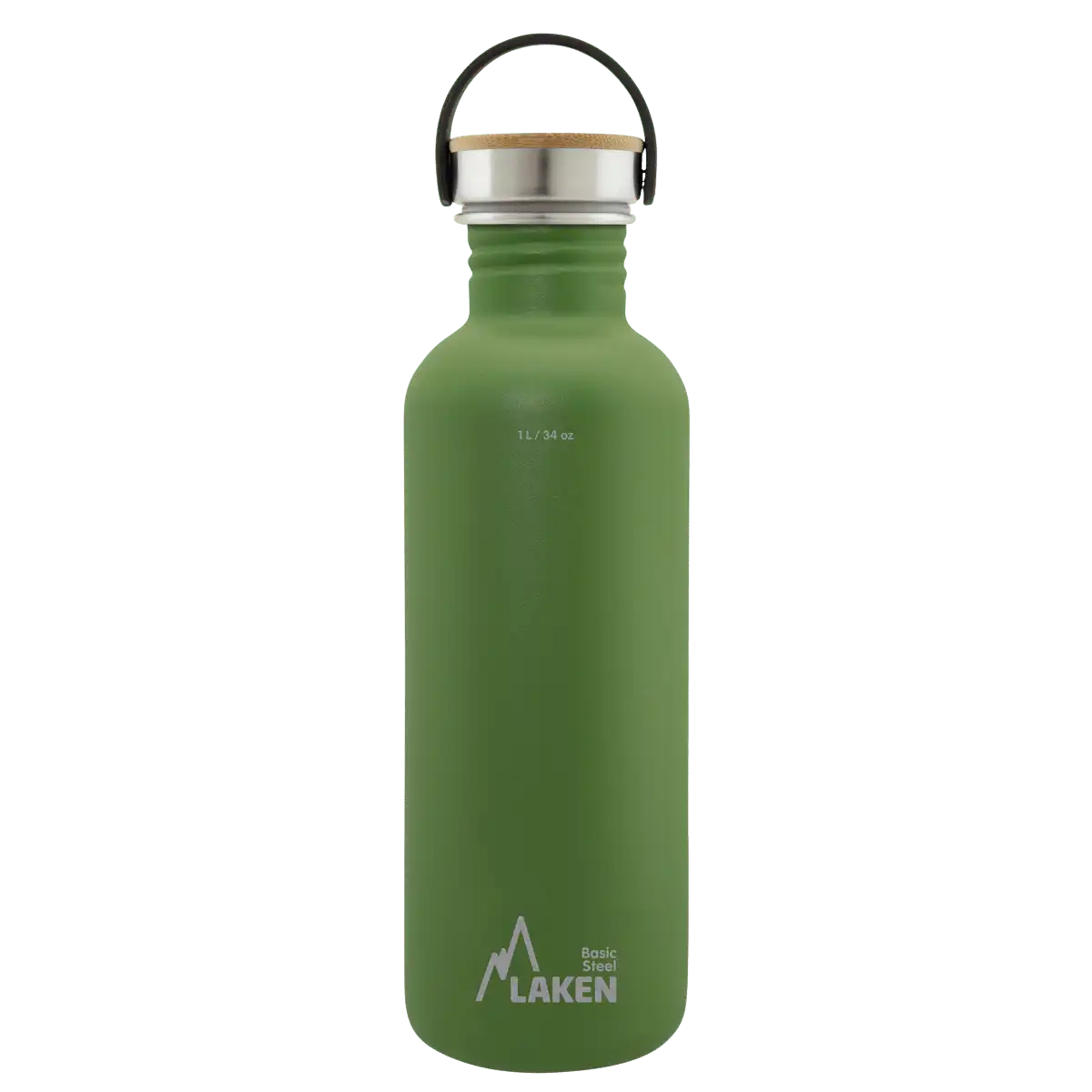 Botella de acero BASIC STEEL verde oliva de 1 litro con tapón BAMBÚ