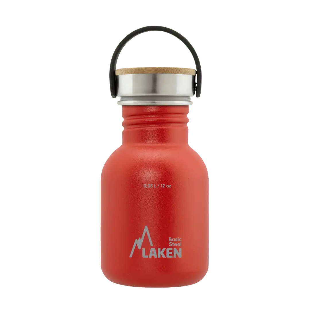 Botella de acero BASIC STEEL roja de 0,35 litros con tapón BAMBÚ