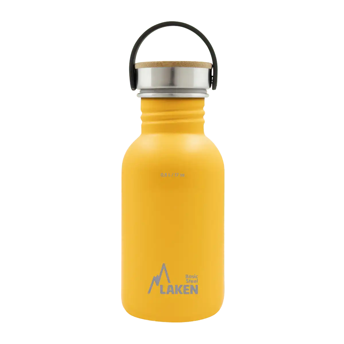 Botella de acero BASIC STEEL amarilla de 0,5 litros con tapón BAMBÚ