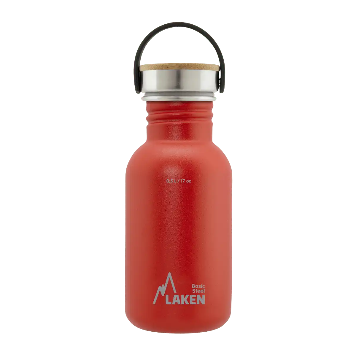 Botella de acero BASIC STEEL roja de 0,5 litros con tapón BAMBÚ
