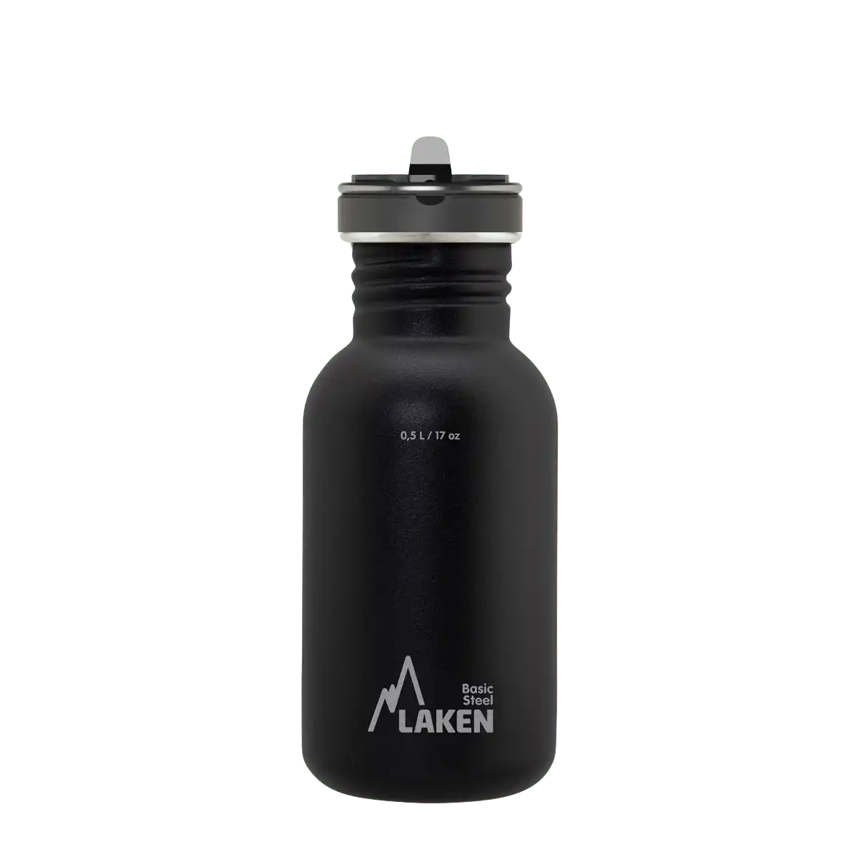 Botella de acero BASIC STEEL negra de 0,5 litros con tapón FLOW