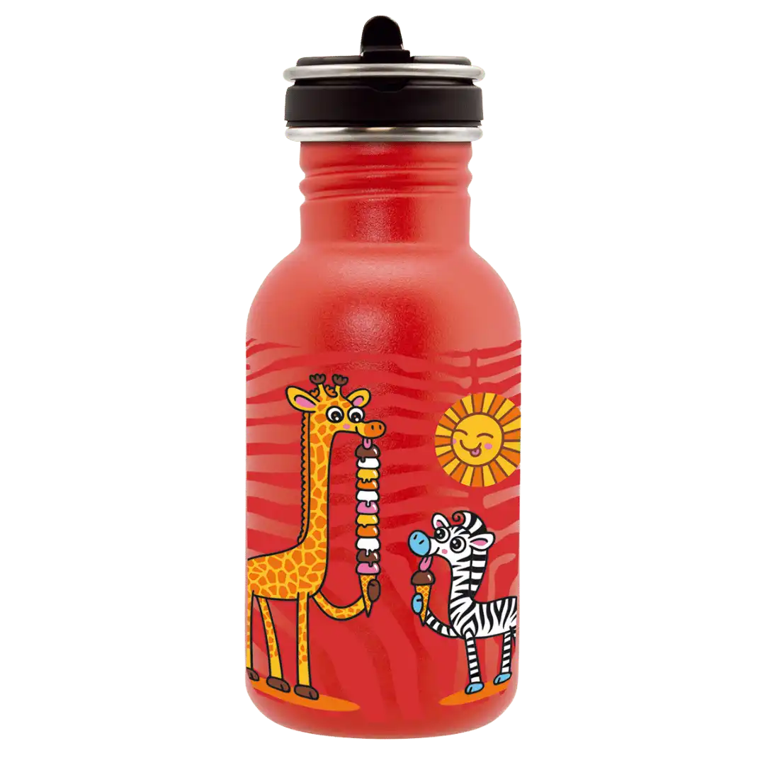 Botella infantil de acero con tapón Flow con un dibujo de dos jirafas comiendo helado