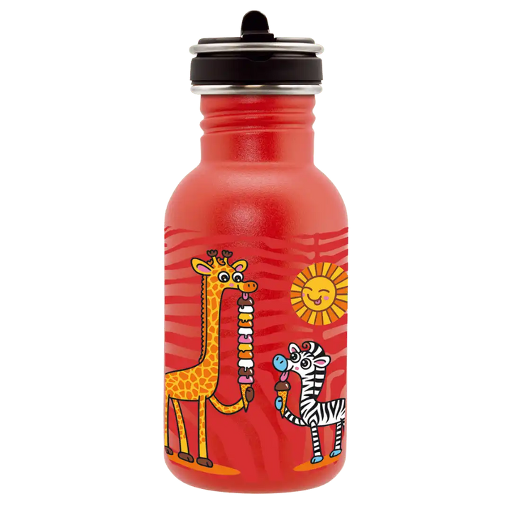Botella infantil de acero con tapón Flow con un dibujo de dos jirafas comiendo helado