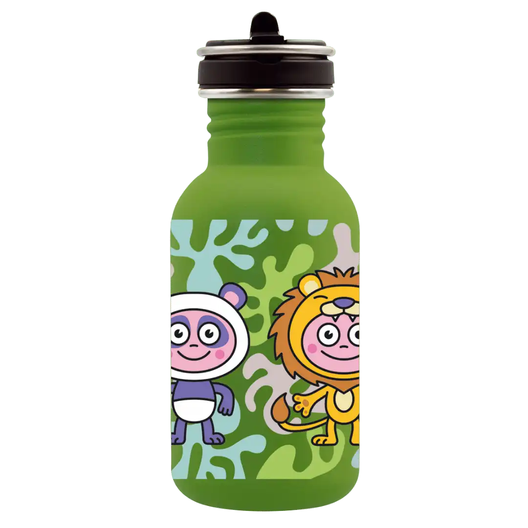 Botella infantil de acero con tapón Flow con un dibujo de dos niños disfrazados, uno de león y otro de oso panda