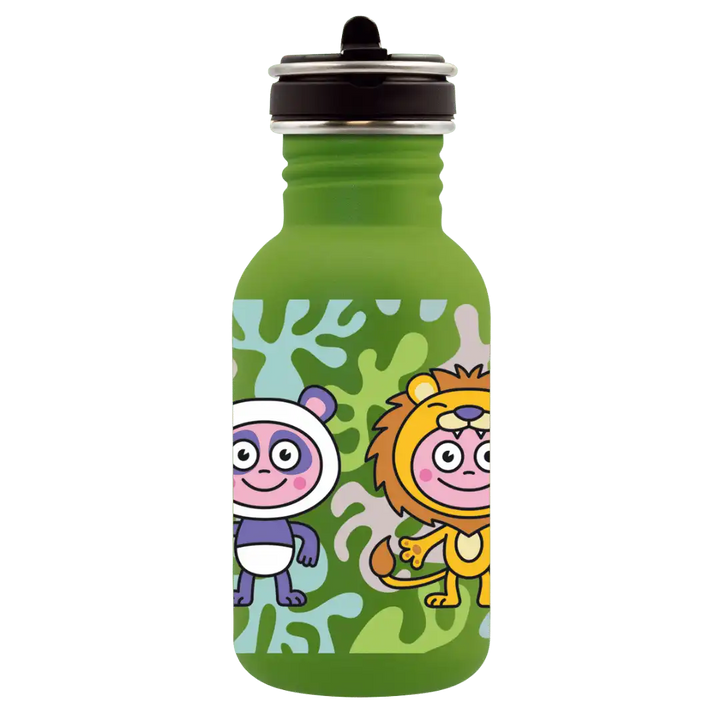 Botella infantil de acero con tapón Flow con un dibujo de dos niños disfrazados, uno de león y otro de oso panda