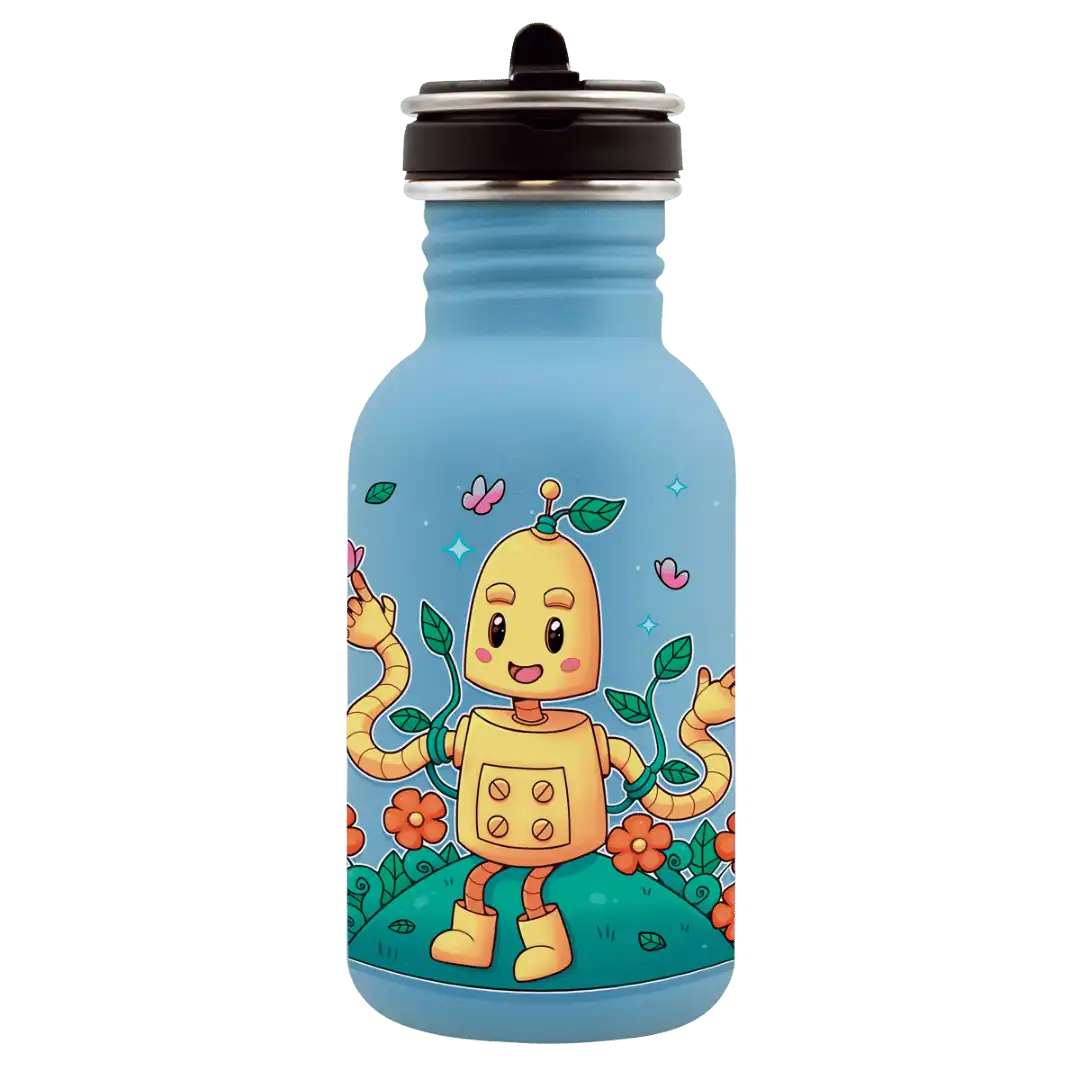 Botella infantil de acero con tapón Flow con un dibujo de un robot en sintonía con la naturaleza