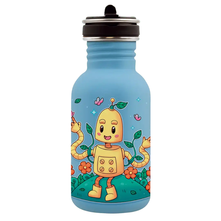 Botella infantil de acero con tapón Flow con un dibujo de un robot en sintonía con la naturaleza