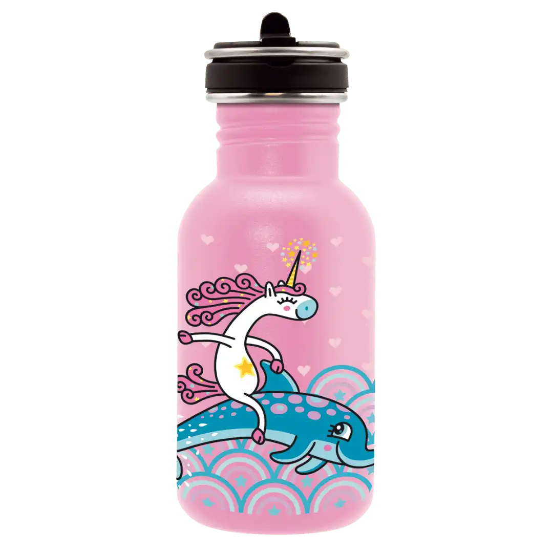 Botella infantil de acero con tapón Flow con un dibujo de un unicornio encima de un delfín