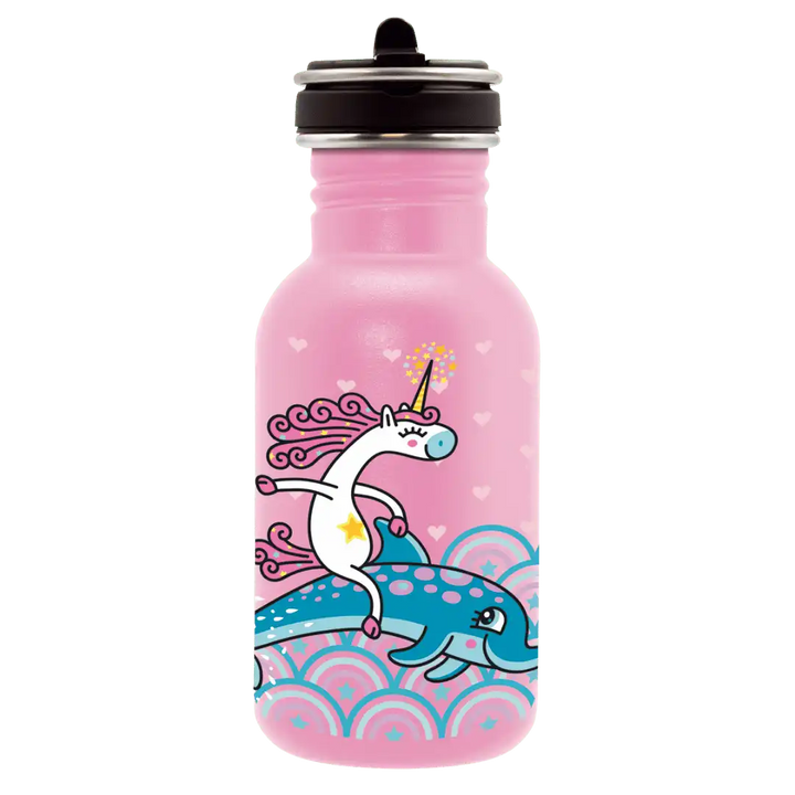 Botella infantil de acero con tapón Flow con un dibujo de un unicornio encima de un delfín