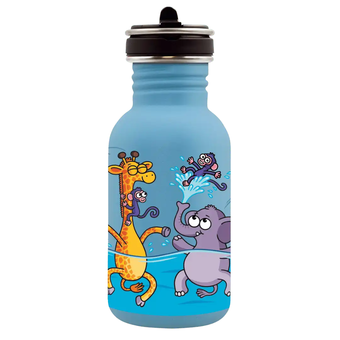 Botella infantil de acero con tapón Flow con un dibujo de monos con una jirafa y un elefante