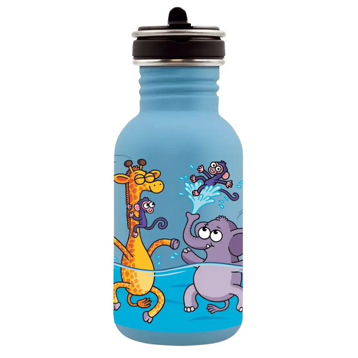 Botella infantil de acero con tapón Flow con un dibujo de monos con una jirafa y un elefante