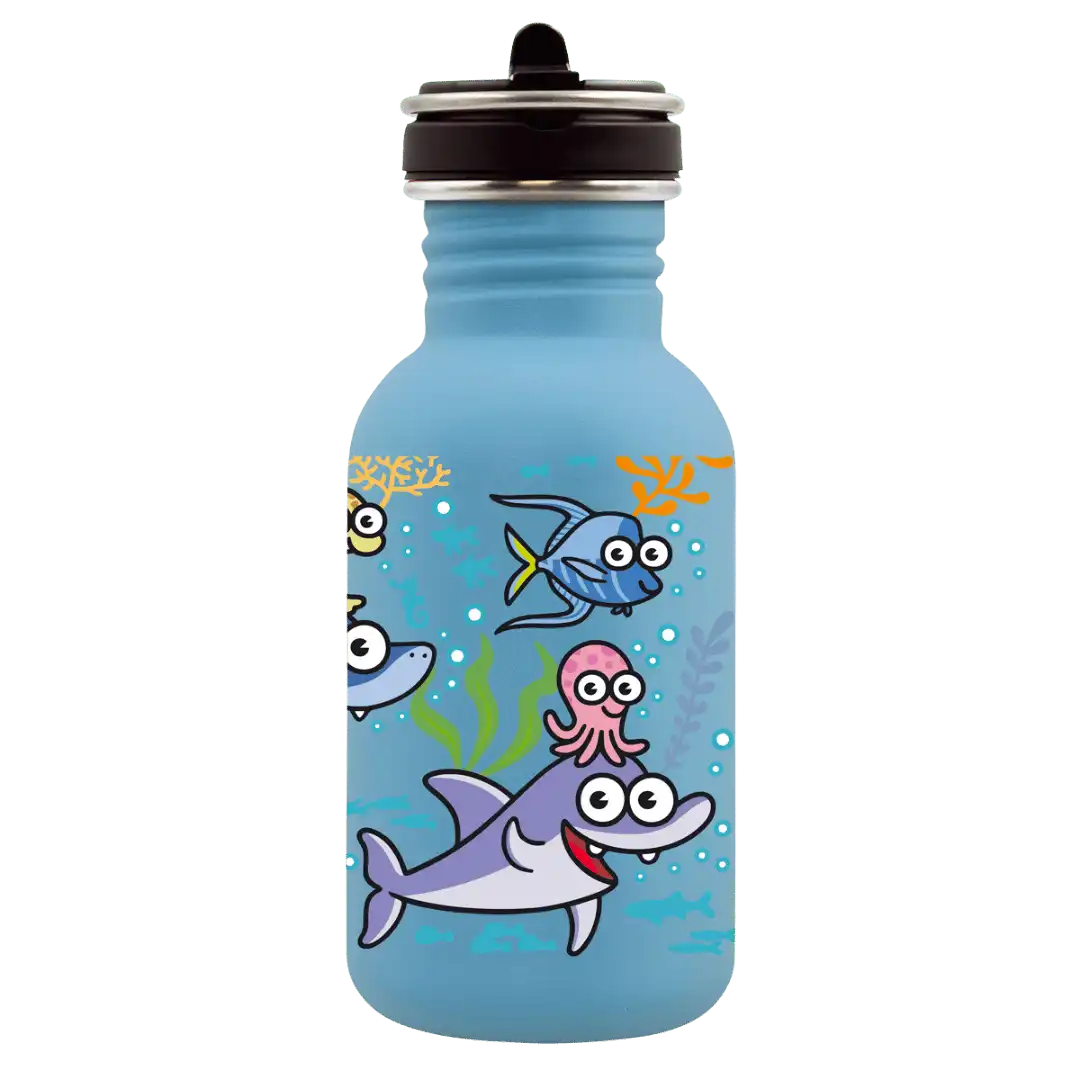 Botella infantil de acero con tapón Flow con un dibujo de peces, tiburones y pulpos