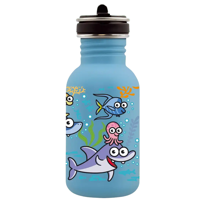 Botella infantil de acero con tapón Flow con un dibujo de peces, tiburones y pulpos