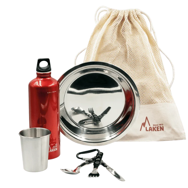 de laken camping Camping-Set – Futura™ 0,75L Flasche, Teller, Becher, Besteck