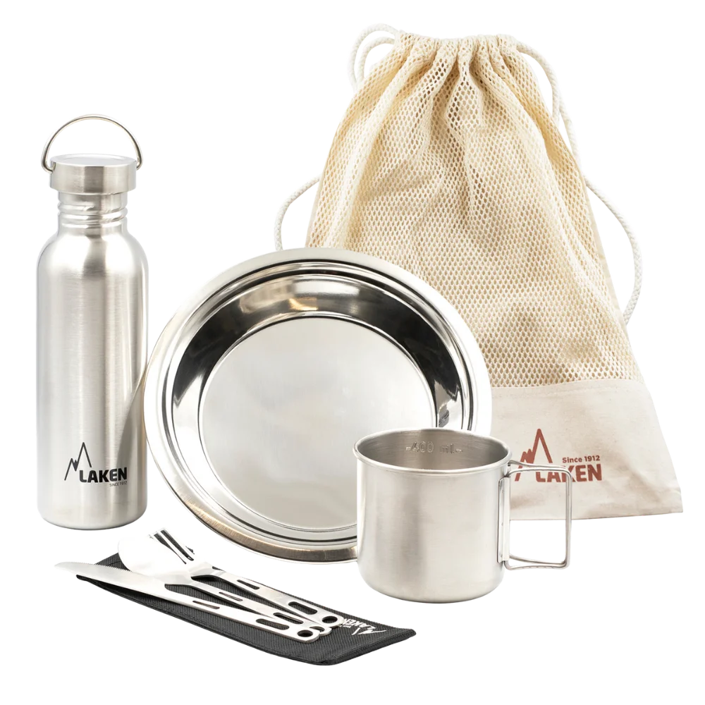 Camping-Set II – Vintage Flasche 0,75L, Teller, Becher, Besteck und Tasche