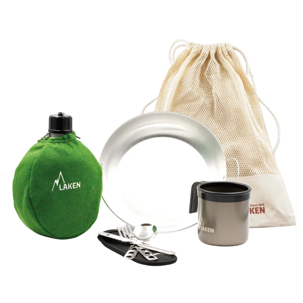 Camping-Set III – Klassische grüne Trinkflasche 1L, Teller, Becher, Be