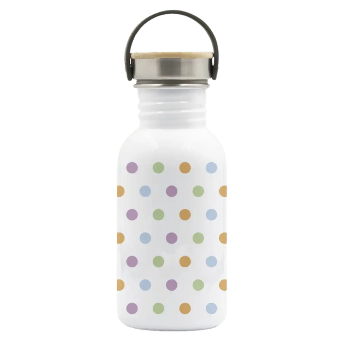 Botella de acero BASIC STEEL de 0,5 litros con tapón BAMBÚ e ilustración de puntos de colores