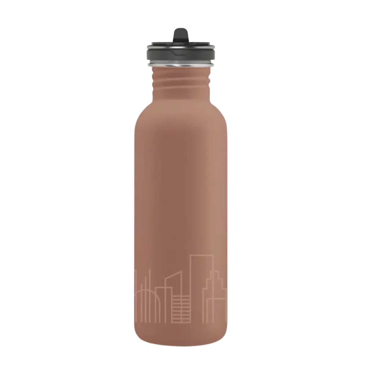Botella de acero BASIC STEEL de 0,75 litros color salmón con tapón FLOW e ilustración de edificios