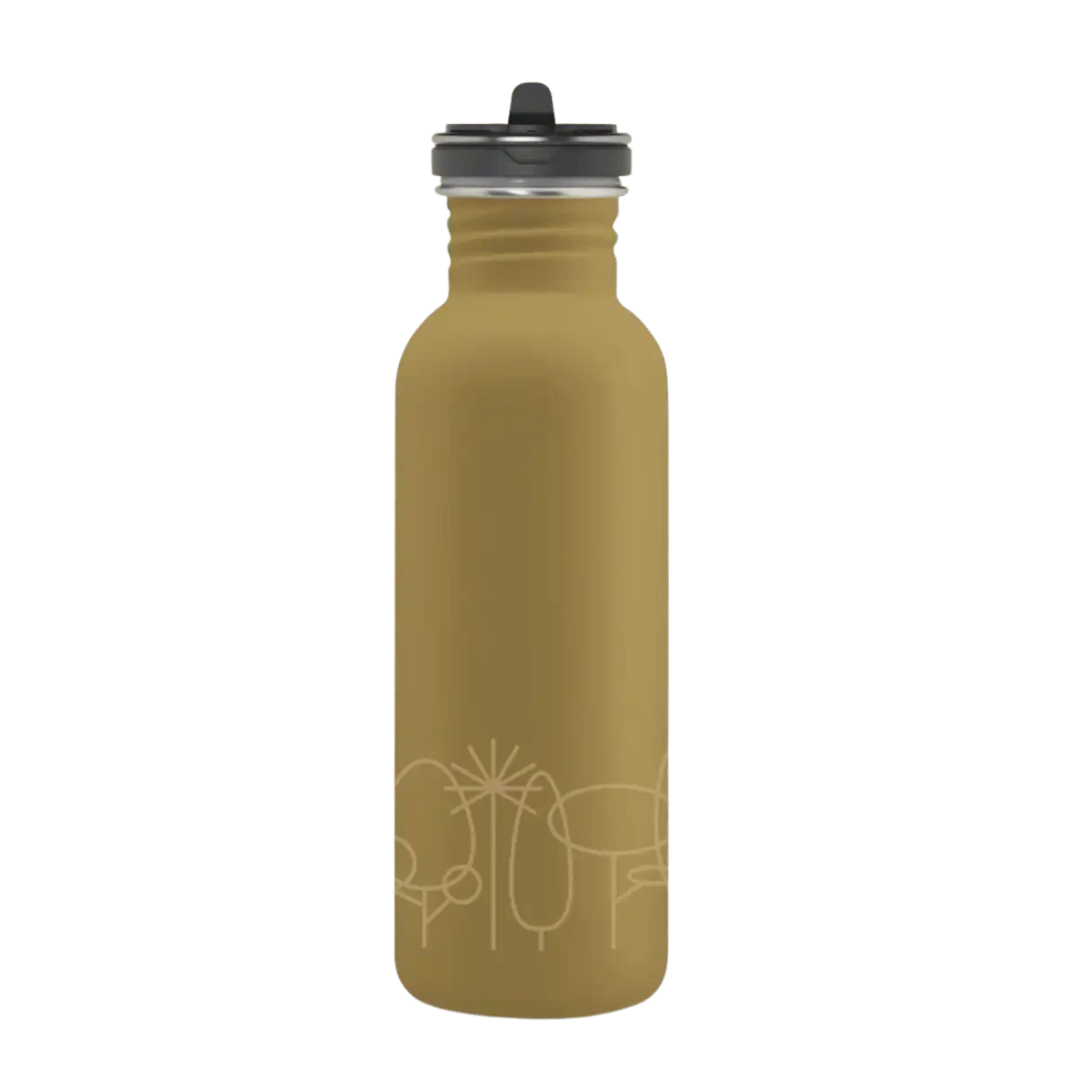 Botella de acero BASIC STEEL de 0,75 litros amarilla con tapón FLOW e ilustración de árboles