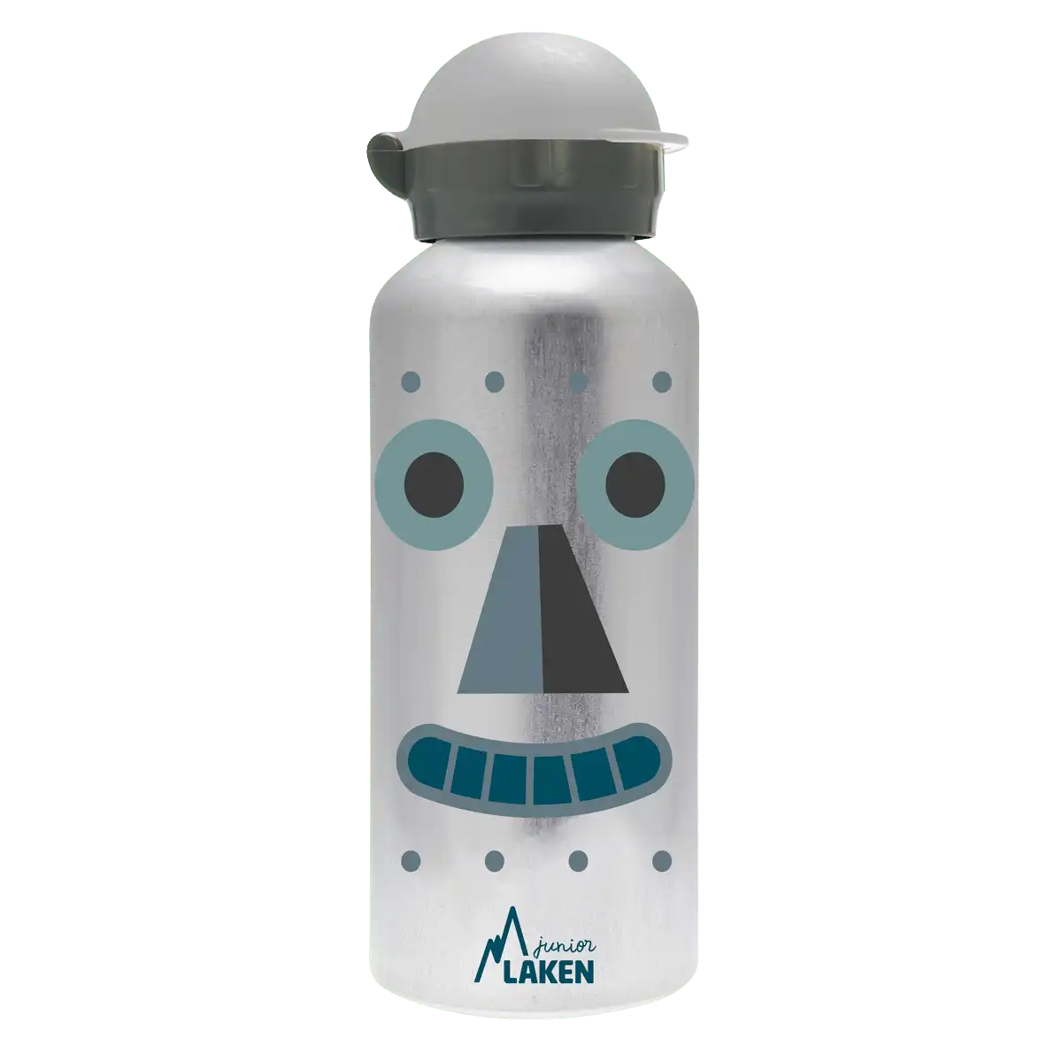 Botella de aluminio gris con tapón Hit gris con diseño de una cara de un robot