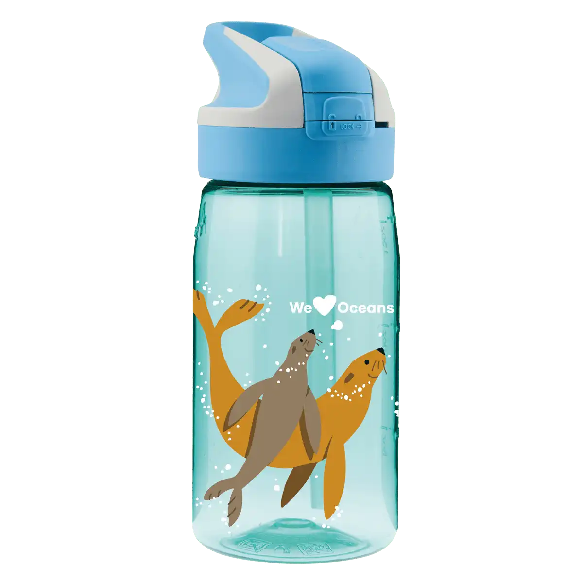 Botella de Tritan azul con tapón Summit y diseño de dos focas nadando
