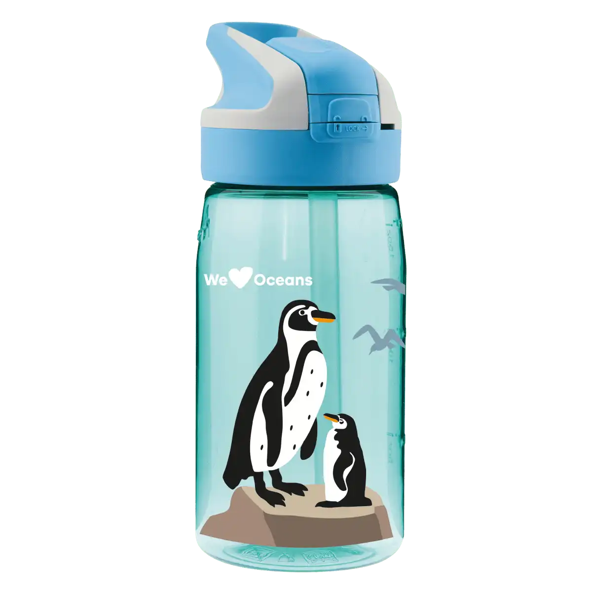 Botella de Tritan azul con tapón Summit y diseño de dos pingüinos de pie