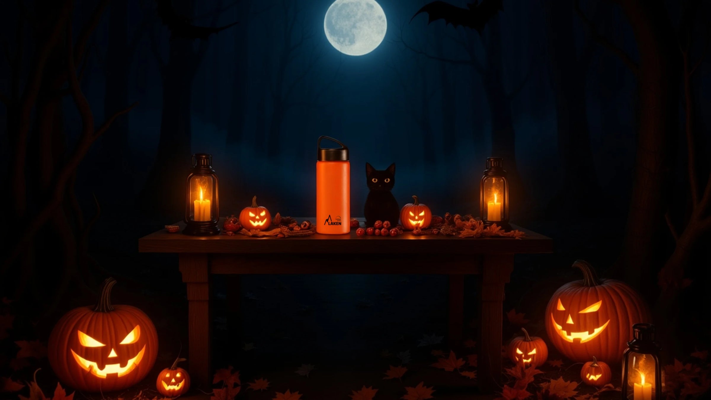 Botella térmica Classic LAKEN de color naranja encima de una mesa con decoración de Halloween con la luna de fondo
