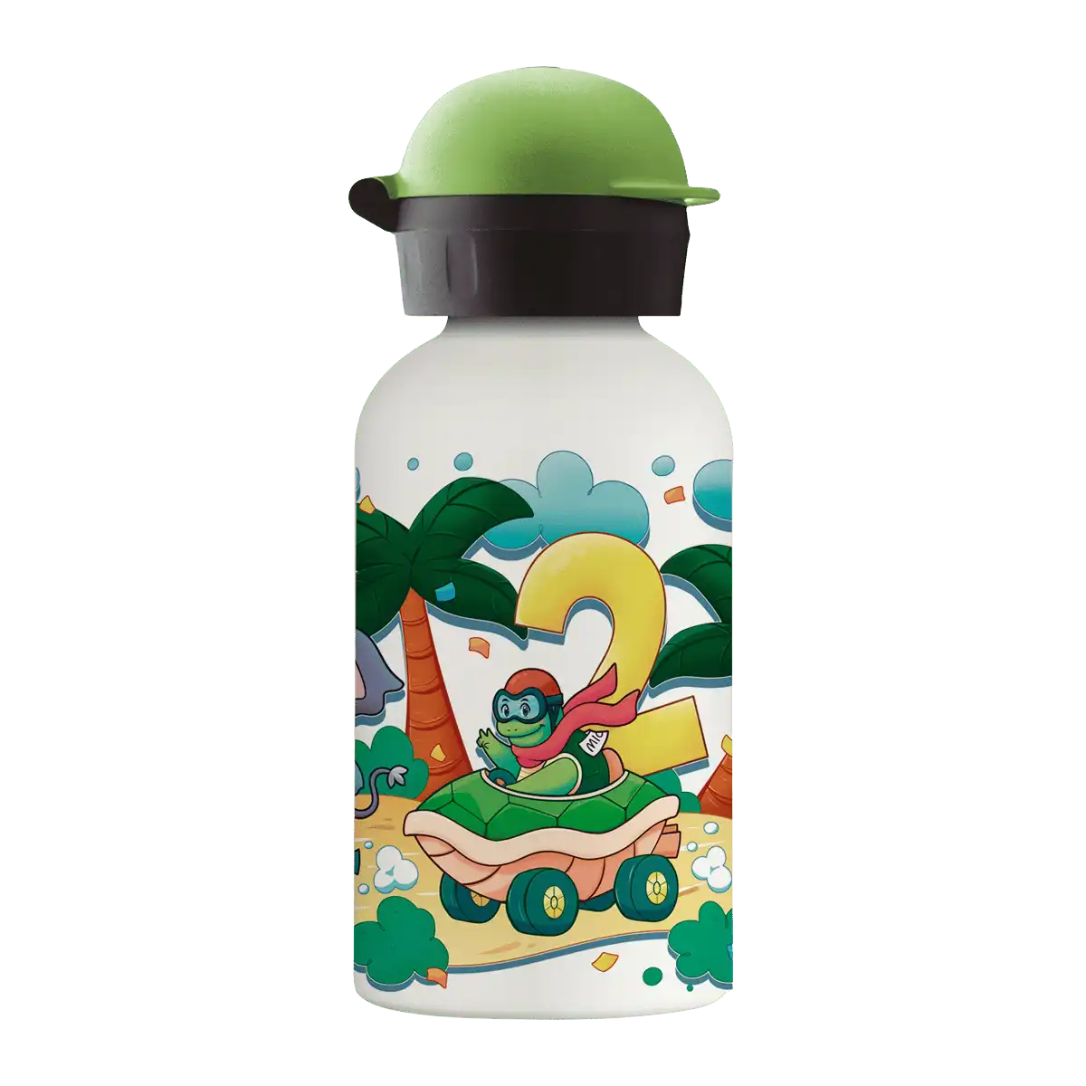 Botella térmica blanca con tapón Hit verde con diseño de una carrera de animales