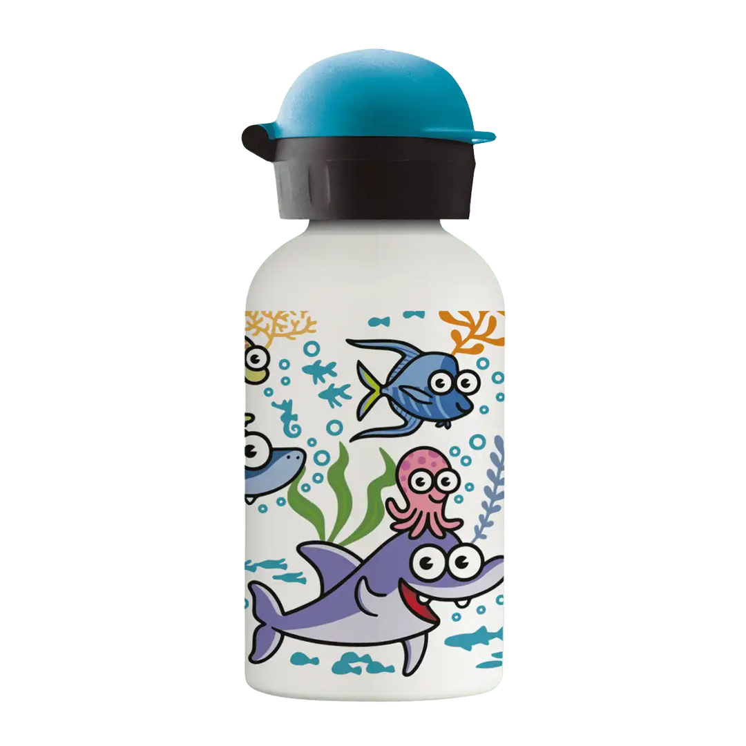 Botella térmica con tapón Hit azul con diseño de peces felices en su vida marina