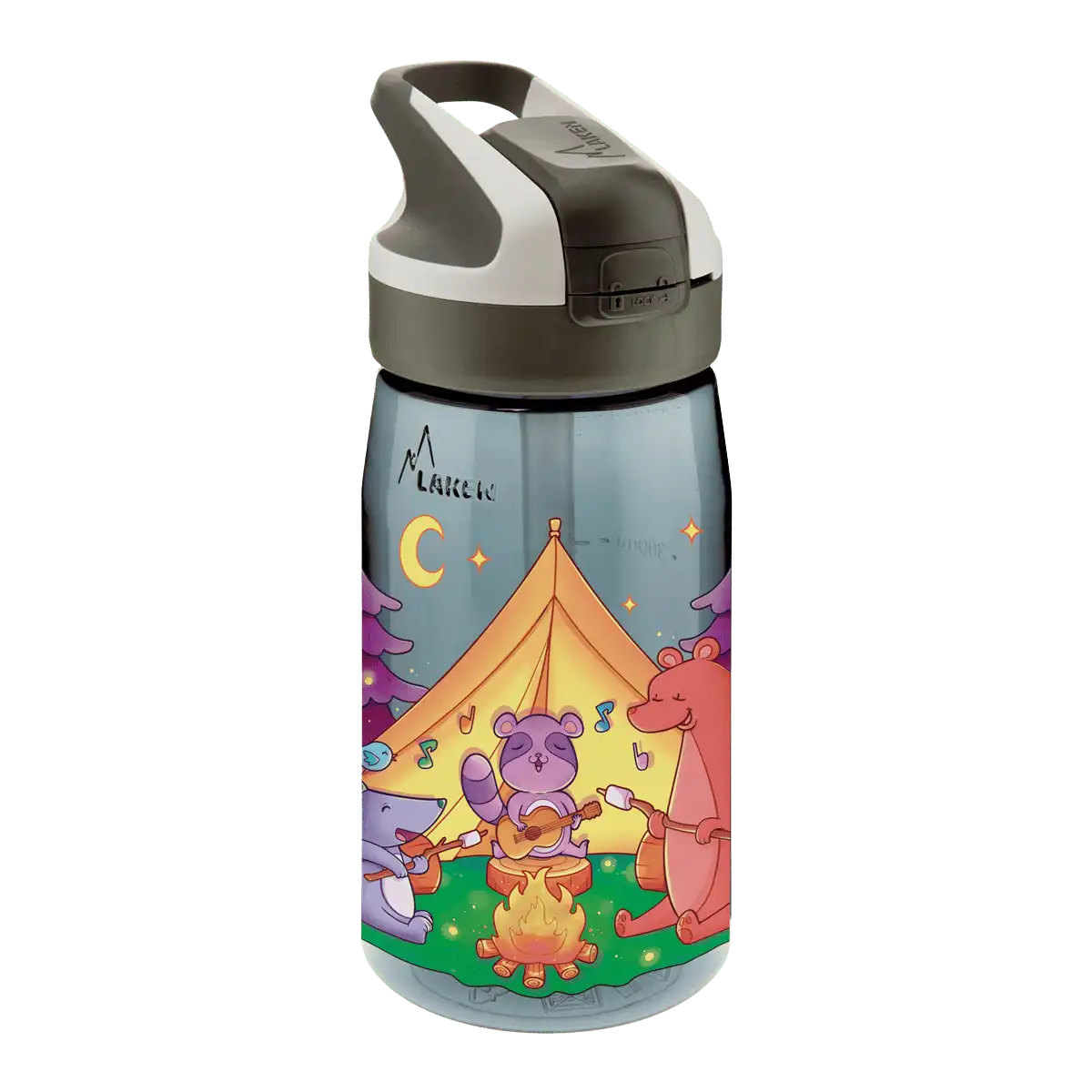 Botella de Tritan negra con tapón Summit y diseño de animales cantando alrededor de una hoguera
