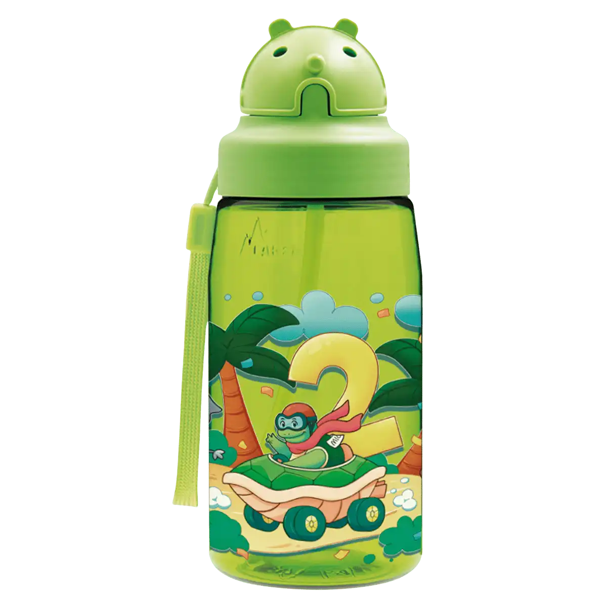 Botella de Tritan verde con tapón Oby y diseño de una carrera de animales
