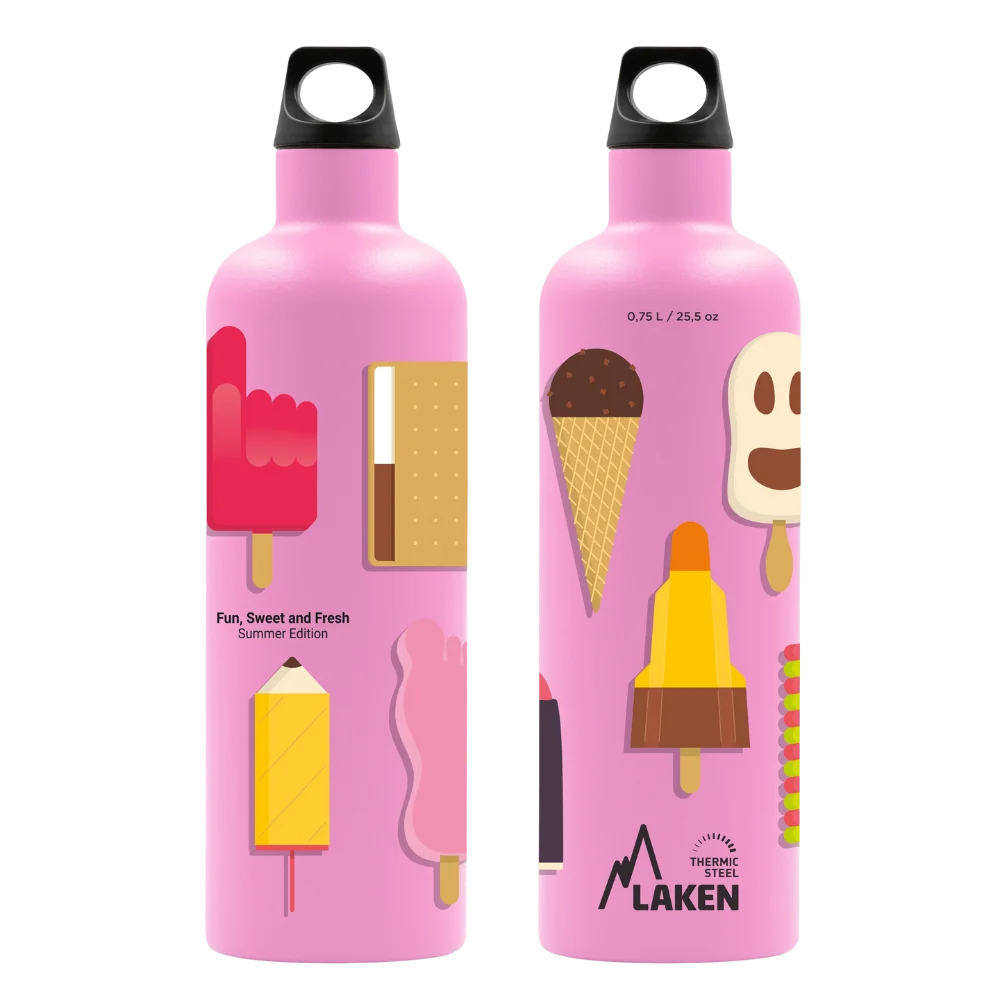 Cara frontal y trasera de la botella Fun, Sweet and Fresh, Summer Edition de LAKEN en color rosa