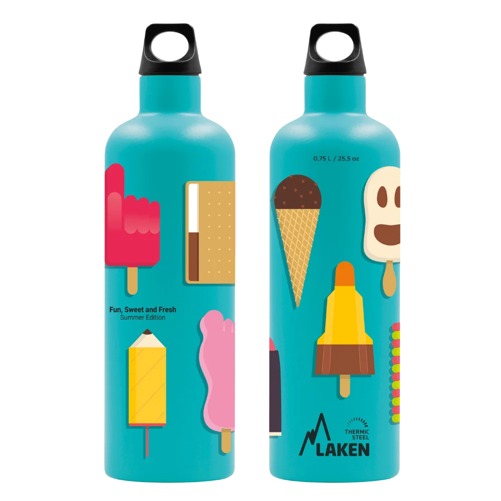 Cara frontal y trasera de la botella Fun, Sweet and Fresh, Summer Edition de LAKEN en color turquesa