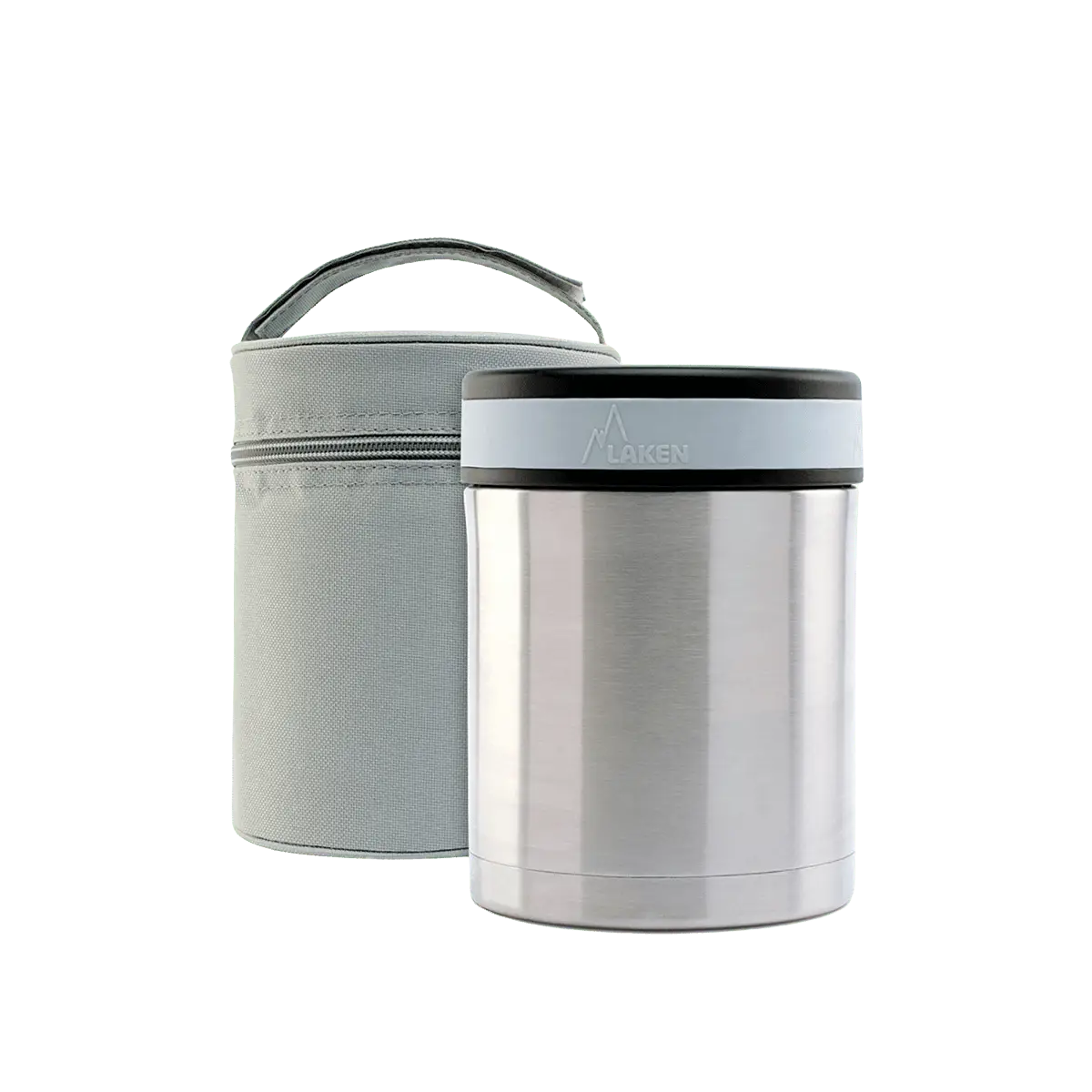 Termo para sólidos de acero de 1 litro acompañada de su funda gris