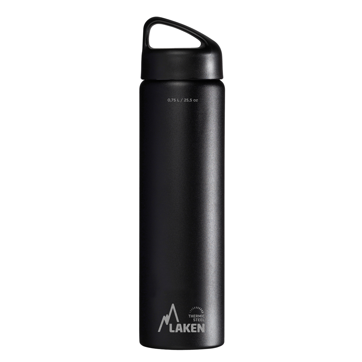Botella térmica de acero negra de 0,75 litros con tapón CLASSIC