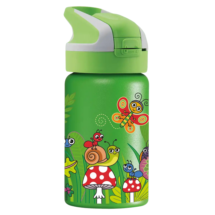 Botella térmica verde con tapón Summit con diseño de bichos alegres encima de setas y plantas