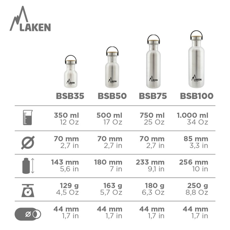 STAINLESS STEEL BOTTLE BASIC STEEL 0.35L, 0.50L, 0.75L, 1L BAMBOO STAINLESS STEEL CAP