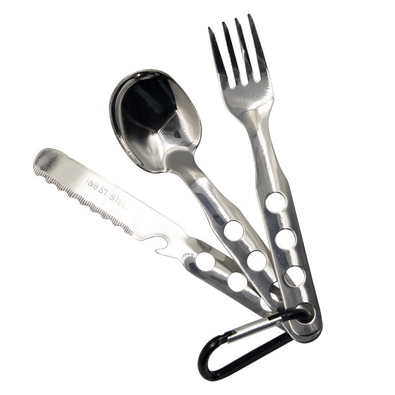 STAINLESS STEEL CUTLERY SET WITH ALUMINIUM CARABINER