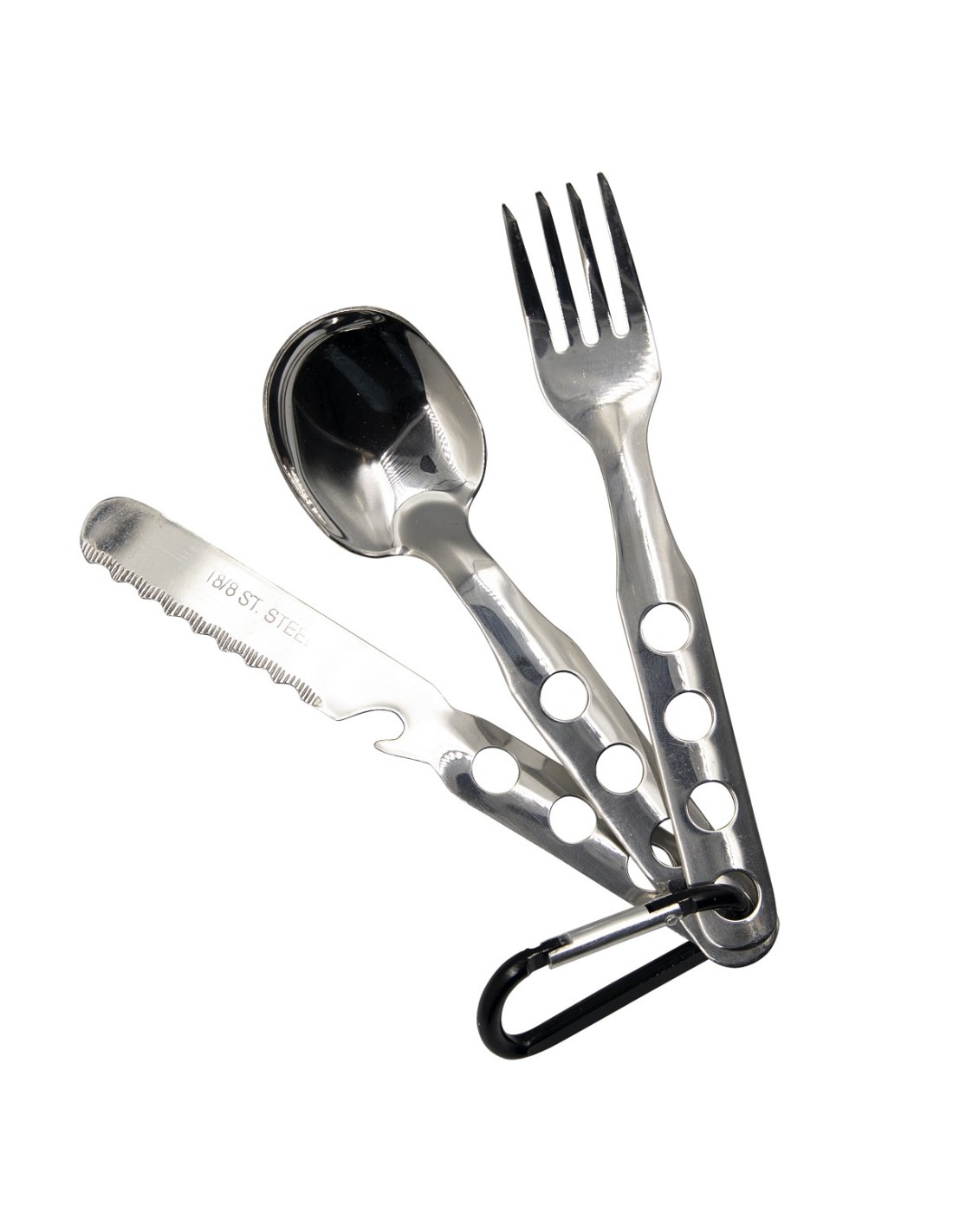 STAINLESS STEEL CUTLERY SET WITH ALUMINIUM CARABINER