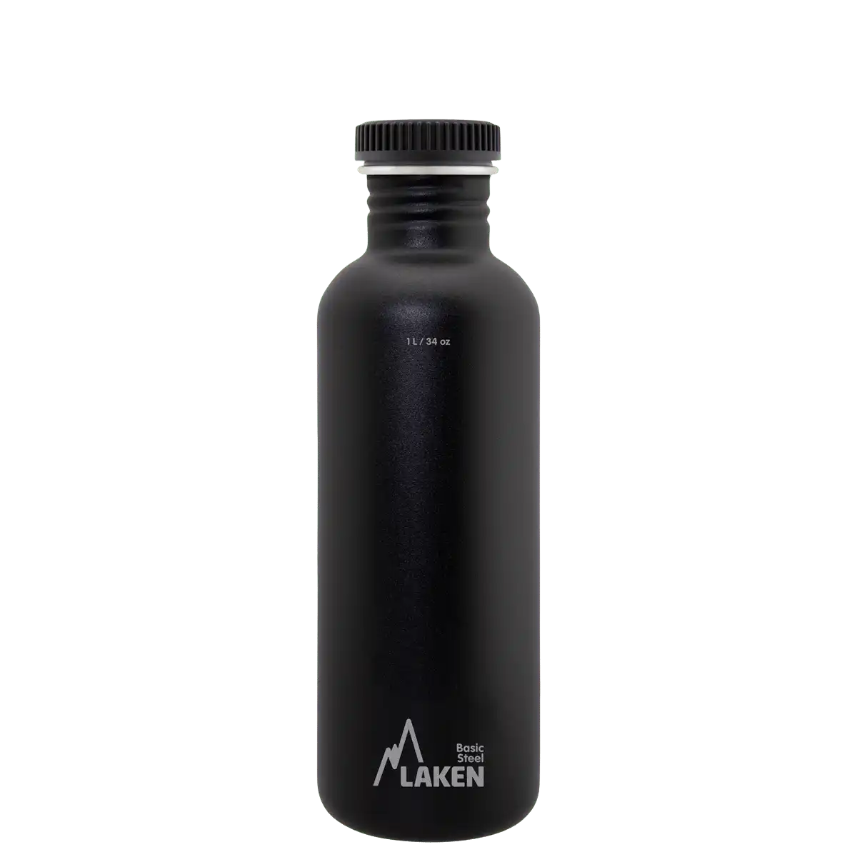 Botella de acero BASIC STEEL negra de 1 litro con tapón PLAIN de polipropileno