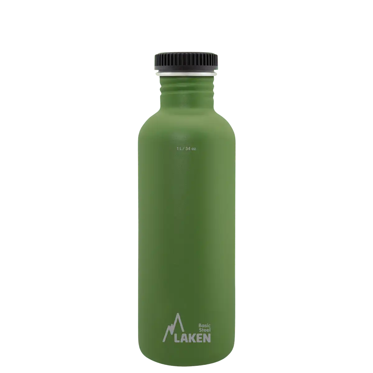Botella de acero BASIC STEEL verde oliva de 1 litro con tapón PLAIN de polipropileno